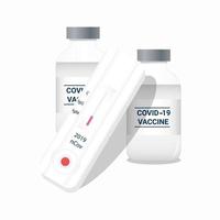 Coronavirus vaccine COVID-19. Vaccine and vaccination program. Rapid test and vial vaccine vector illustration