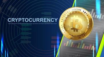 Bitcoin moneda criptográfica. banner de tecnología de dinero web digital de fondo azul con espacio de copia. vector