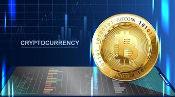 Bitcoin moneda criptográfica. banner de tecnología de dinero web digital de fondo azul con espacio de copia. vector