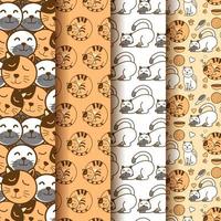 Set of cute patterns with happy cat. Collection of wrapping paper and gift bags. Vector illustration background