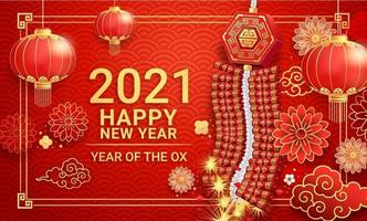 Chinese new year 2021. Firecrackers with paper lanterns and flower on greeting card background the year of the ox. Vector illustrations.