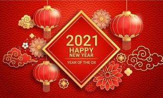 Chinese new year 2021 Paper lanterns and flower on greeting card background the year of the ox. Vector illustrations.