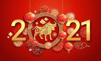 Chinese new year 2021 greeting card background the year of the ox. Vector illustrations.