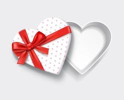 Empty open heart shaped white gift box with red ribbon. Vector illustrations.