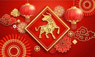 Chinese new year 2021 Paper lanterns and flower on greeting card background the year of the ox. Vector illustrations.