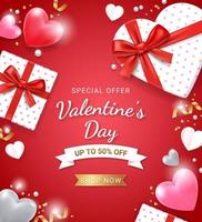 Gift box with red ribbon and 3d heart. Valentines day card background. vector