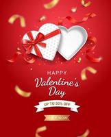 Empty open heart shaped white gift box with red ribbon. Valentines day card background vector illustrations.