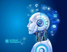 Artificial intelligence digital technology concept. Robot with hologram brain and big data analytics. vector