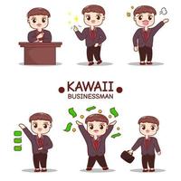 businessman character in various poses, at table, angry, happy, using suitcases and checking lists vector