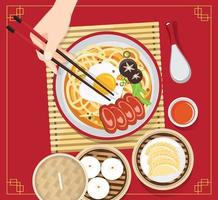 sopa tradicional china con fideos, sopa de fideos en tazón chino comida asiática ilustración vectorial vector