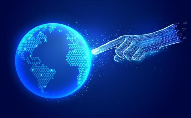 Artificial intelligence digital communication technology concept. Finger hand touch digital global map polygonal wireframe vector illustrations.