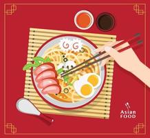 Traditional chinese soup with noodles, Noodle Soup in Chinese Bowl Asian Food Vector illustration