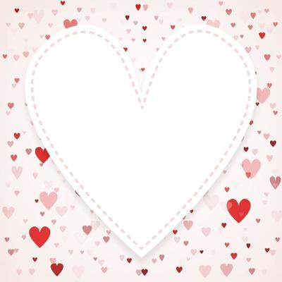 Valentines day card with copy space in the middle. Heart confetti falling over pink concept background for greeting cards, wedding invitation.