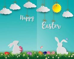 Easter eggs with white rabbits on green grass vector
