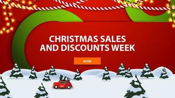 Christmas sales and discount week, modern banner with with large green circles intertwining with the background, pine winter forest and red vintage car carrying Christmas tree. vector