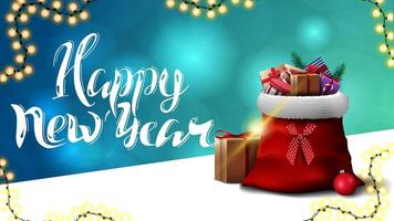 Happy New Year, blue greeting postcard with blurred background and Santa Claus bag with presents vector