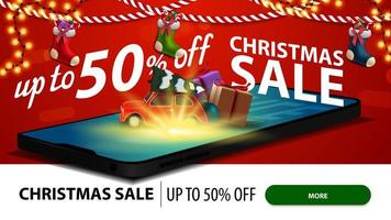 Christmas sale, up to 50 off, modern discount banner for website with a smartphone. Red vintage car carrying Christmas tree is projected from the screen vector