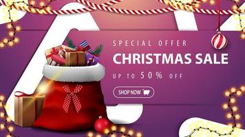 Special offer, Christmas sale, up to 50 off, pink discount banner with large triangles intertwining with the background and Santa Claus bag with presents vector