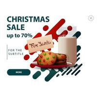 Discount pop up for website with abstract shapes in red and green colors and cookies with a glass of milk for Santa Claus vector