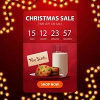 Venta de Navidad, banner de descuento vertical rojo con temporizador de cuenta regresiva hasta el final de los descuentos y galletas con un vaso de leche para santa claus vector