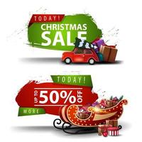 Two Christmas discount banners in the form of an abstract figure with ragged edges with red vintage car carrying Christmas tree and Santa Sleigh with presents vector