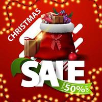 Christmas sale, up to 50 off, square discount banner with Large latters with ribbon with offer and Santa Claus bag with presents vector