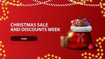 Christmas sale and discount week, red horizontal banner with button, garland and Santa Claus bag vector