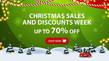 Christmas sales and discount week, up to 70 off, green horizontal discount banner with button, frame garland, pine winter forest and red vintage car carrying Christmas tree. vector