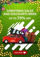 Christmas sales and discount week, up to 70 off, vertical green discount banner with button, abstract shapes and red vintage car carrying Christmas tree vector