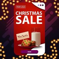 Christmas sale, red vertical discount banner with button and cookies with a glass of milk for Santa Claus vector