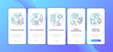 Changing gender roles onboarding mobile app page screen with concepts vector