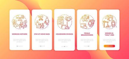 Changing gender roles onboarding mobile app page screen with concepts vector
