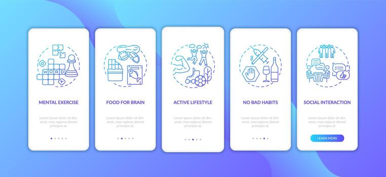 Brain health care blue gradient onboarding mobile app page screen with concepts vector