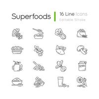 Superfoods variety pixel perfect linear icons set vector