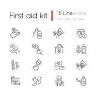 First aid kit linear icons set vector