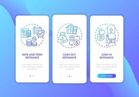 Mortgage refinance types onboarding mobile app page screen with concepts vector
