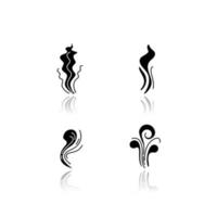 Smell drop shadow black glyph icons set. Good and bad scent. Fluid odor, perfume scent. Stinky stench. Aromatic fragrance curves. Smoke stream, fume swirl. Isolated vector illustrations on white space