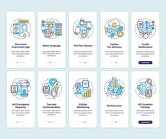Smart watch install hints onboarding mobile app page screen with concepts set vector