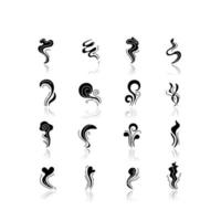 Odor drop shadow black glyph icons set. Good and bad smell. Heart shape odour, fluid. Evaporation flow. Aromatic fragrance. Smog stream, fume swirls. Isolated vector illustrations on white space