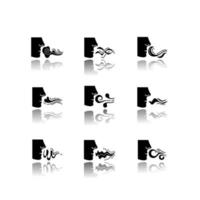 Nose smelling scent drop shadow black glyph icons set. Person sniffing good and bad odor. Stinking stench. Evaporation flow. Fume swirls. Isolated vector illustrations on white space