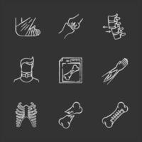 Bone fractures chalk white icons set on black background. X-ray scan. Spine dislocation. Broken neck. Surgery. Open fracture. Limb and body part injuries. Isolated vector chalkboard illustrations