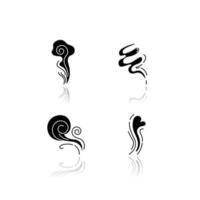 Odor drop shadow black glyph icons set. Good smell. Wind swirl, nice perfume scent. Aromatic fragrance flow with heart shape. Smoke puff, steam curls. Isolated vector illustrations on white space