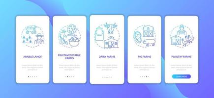 Farm production types onboarding mobile app page screen with concepts vector