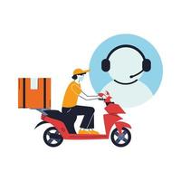 customer service agent with courier in mask making a delivery on a bike vector