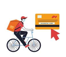 courier wearing a mask making a delivery on a bike vector