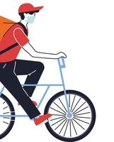 courier with mask making a delivery on a bike vector