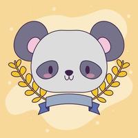 head of kawaii baby panda bear with plants vector