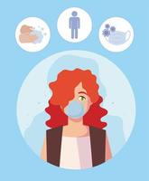 Woman with medical mask and COVID19 icon set vector design
