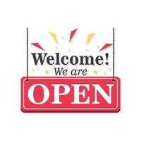 welcome we are open banner with confetti icon vector design