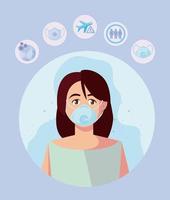 Woman with medical mask and COVID19 icon set vector design